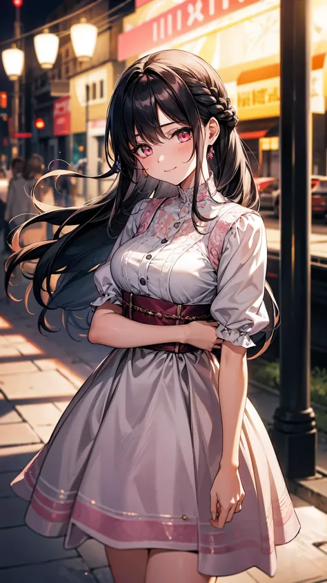 (best quality, Masterpiece), 1 girl, The sun shines, outside the building, black hair, Beautiful long hair, braid, pink eyes, cute, Bright face, Good mood, beautiful breasts, Beautiful date dress, shy, 1 woman, young girl, (Goosebumps:0.7), Beautiful face,...