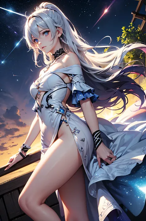 (masterpiece:1.5, Highest quality, Very detailed、 Dutch Angle、Semi-Realistic、Fantasy)(One girl, alone)(White and beautiful hair:1.4,,Straight Long Hair)(White based dress)、((Off the shoulder、Medium Chest、ruby ​​necklace))(from side,The buttocks are slightl...