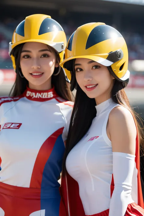 Close-up, full body of two extremely beautiful and attractive girls facing the camera, very realistic face, surreal big bright eyes and beautiful white teeth and very detailed hands, her smile is very charming, wearing super sexy racing costumes, holding h...