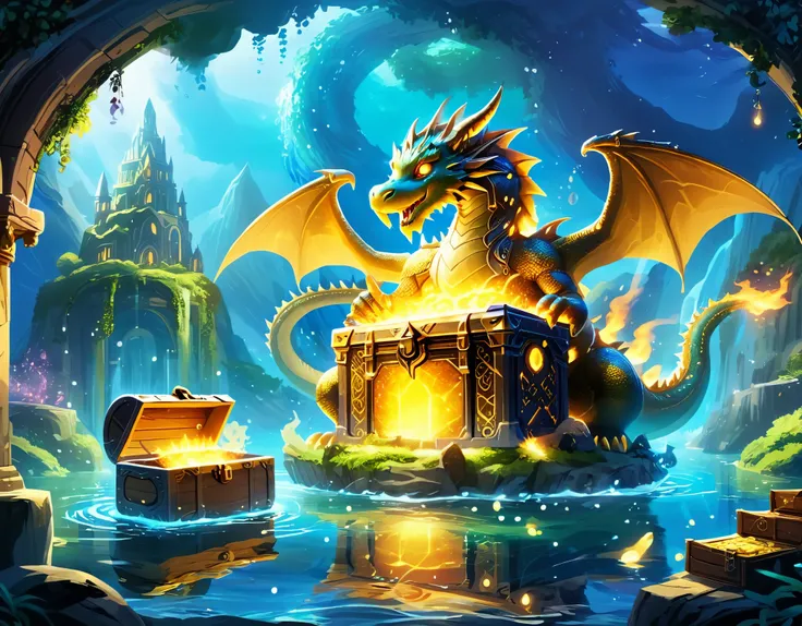 At the peak of a floating island, a majestic dragon made of crystal and fire guards an ancient treasure chest. A group of intrepid adventurers approaches, determined to claim the prize.