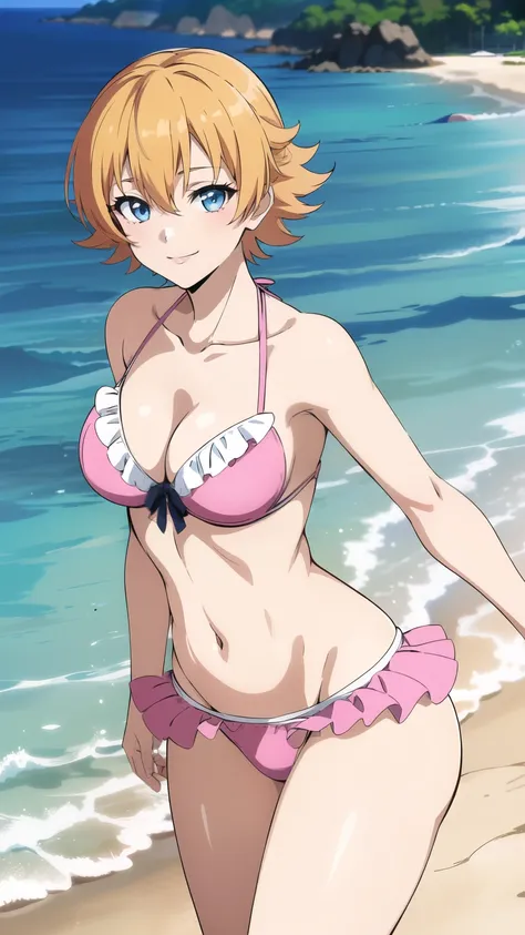 (masterpiece,best quality, 8k:1.2),(anime),1girl,mature female,igawa sakura,(Dark blue eyes, Eye light: 1.2), medium breast,wide hips, (Pink Bikini, Ruffles, Beach, Smile),dynamic poses, dynamic angles