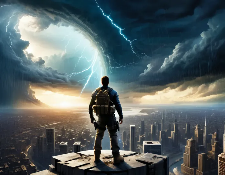 In a post-apocalyptic world, remnants of a once-great city lie in ruins. A lone survivor stands atop a skyscraper, gazing at the horizon where a colossal storm of swirling dark energy approaches.