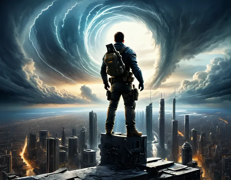 In a post-apocalyptic world, remnants of a once-great city lie in ruins. A lone survivor stands atop a skyscraper, gazing at the horizon where a colossal storm of swirling dark energy approaches.