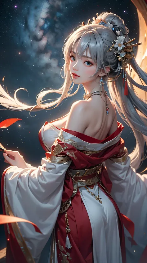 (masterpiece:1.5, Highest quality, Very detailed、 Dutch Angle、Semi-realistic、Fantasy)(One Girl, alone)(Silver Hair:1.6,,Straight Long Hair)(Wearing Han clothes, Royalty、White and red Hanfu:1.5,Thick fabric,Long sleeve)、((Off the shoulder、medium breasts, Be...