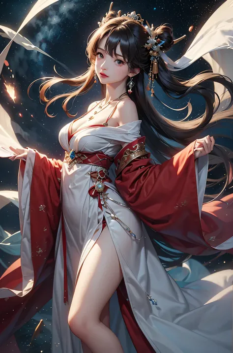 (masterpiece:1.5, Highest quality, Very detailed、 Dutch Angle、Semi-realistic、Fantasy)(One Girl, alone)(Silver Hair:1.6,,Straight Long Hair)(Wearing Han clothes, Royalty、White and red Hanfu:1.5,Thick fabric,Long sleeve)、((Off the shoulder、medium breasts, Be...