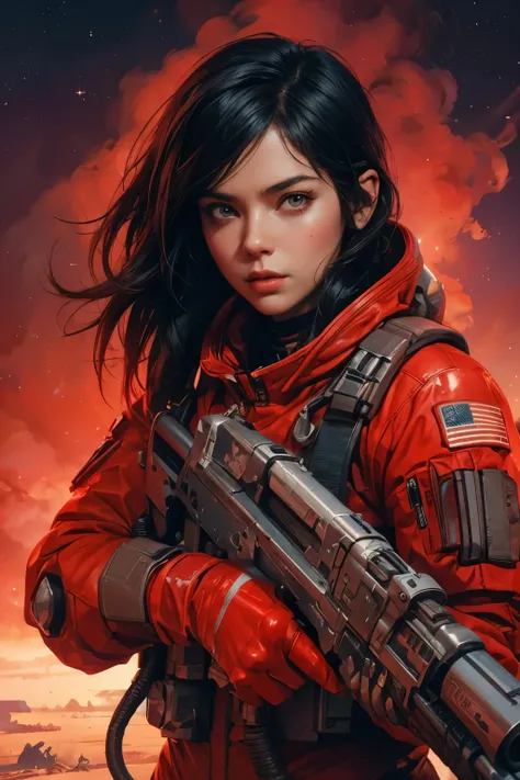 Close-up of a woman in a red space suit holding a gun, Alena Aenami and Artgerm, Vojtek Fuss, Armored astronaut girl portrait, Artgerm JSC, Lost draw 1. 0, Lost Draw 2. 0, Artgerm and Craig Mullins, Detailed sci-fi art, Epic sci-fi character art, Sci-Fi il...