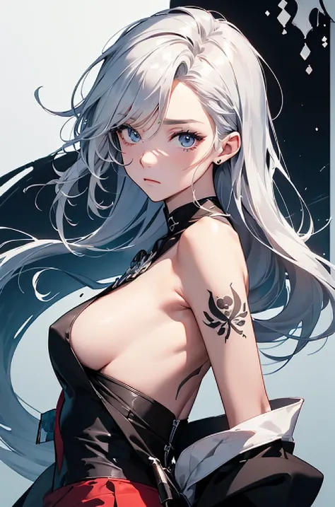 (Image from chest up:1.4)((masterpiece:1.5,Highest quality,Beautiful images、Sketch、2.5D、Ink Painting、Abstract、Artistic、Portraiture))(1girl, solo)(medium breasts, Silver Hair、long hair、sideboob、Exposing shoulders、Tattoo on shoulder)(Profile Portrait,Gaze si...