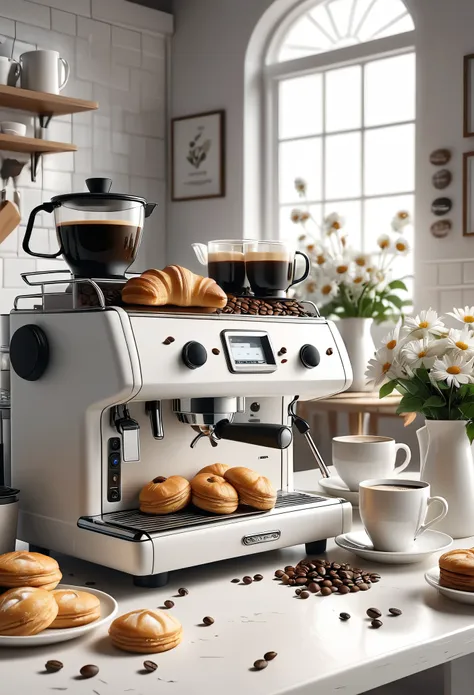 The kitchen scene is mainly white/There is a white table in front/White coffee machine on the table/Focus on the coffee machine with flowers on the left/There are a few small cookie machines on the right.,And a cup of coffee/Croissants/some scattered coffe...