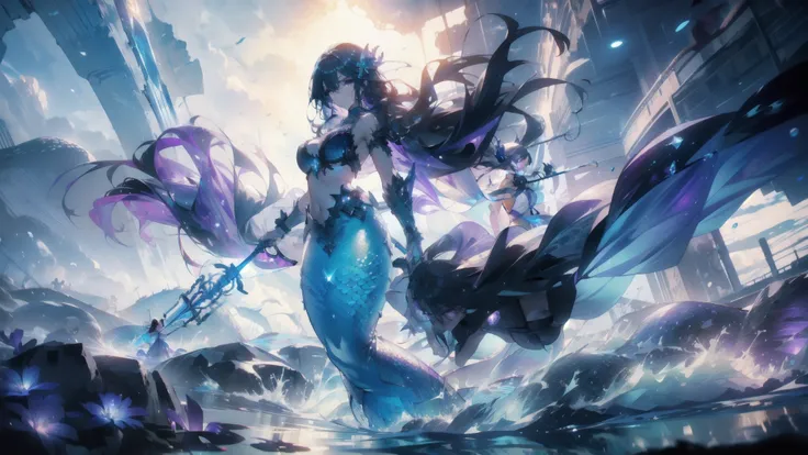 ((masterpiece, best quality)), Epic battlefield atmosphere，Delicate face，Mermaid Under the Sea，Holding a staff，whole body，Standing picture，glowing purple eyes，Large Breasts，Gradient white long wavy hair，Perfect body proportions，Pure white background，Water ...