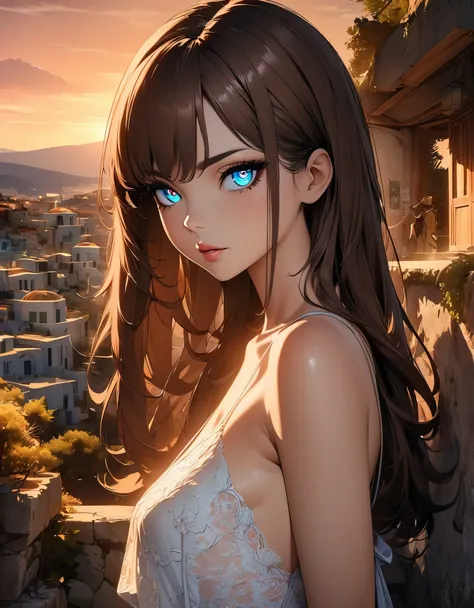 (Miss, portrait:1.2), (Japanese cartoon), (Greece:1.3), sunset, (photography), Greece海島的海濱別墅, Long straight brown hair, Long bangs cover the eyes, Long eyelashes, [[Small Eyes]], (Lipstick), [Dark eyeshadow], A faint smile, slim, Slender limbs, Bare should...