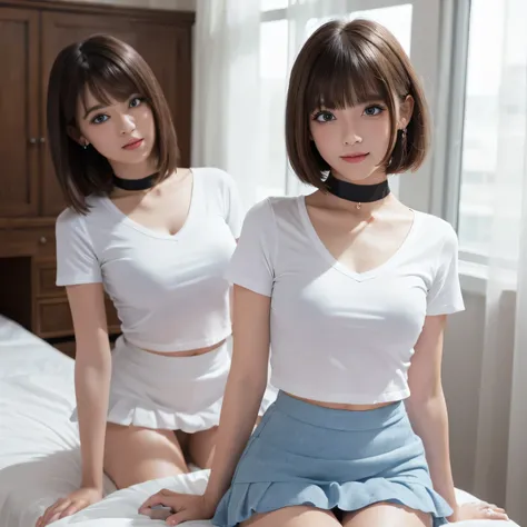 Group photo、((Layered Haircut)),（8K，Highest quality），Full Body Shot、((tight white shirt、mini skirt))，Full body photo:1.9， Adorable， smile， Slim face, Slim body， Short Brown Hair， 32k, masterpiece， Best image quality，Ultra-high resolution，Perfect hands，Blac...