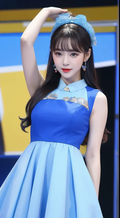 korean idol dress in blue gma person outfits, person fashion outfits, in the style of candid celebrity shots, gongbi, dolly kei, rangercore, oshare kei, matte photo, massurrealism