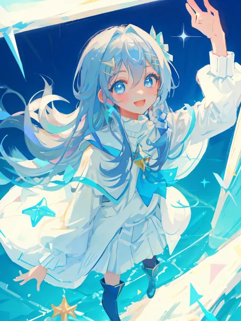 anime girl, extra long hair, hair between eyes, {{{{{{{{{{{{{{wind blowing}}}}}}}}}}}}}}, {{{{{{silver blue hair}}}}}}, {{{{{{{eyes visible through hair}}}}}}}, beautiful detailed eyes, blue eyes, jewel-like eyes, diamond-shaped pupils, light smile, closed...