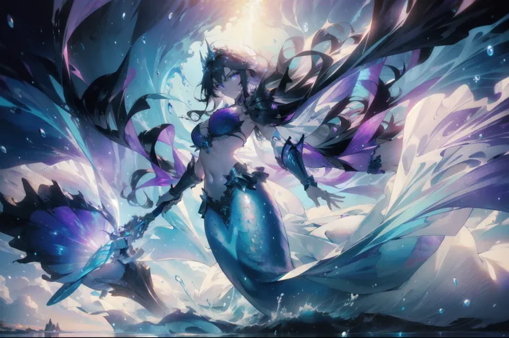 ((masterpiece, best quality)), Epic battlefield atmosphere，Delicate face，Mermaid Under the Sea，Holding a staff，whole body，Standing picture，glowing purple eyes，Large Breasts，Gradient white long wavy hair，Perfect body proportions，Pure white background，Water ...