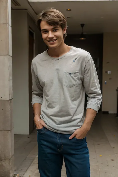 Shot of a young man wearing baggy jeans. looks to the side. Gute Smile like a Model. 