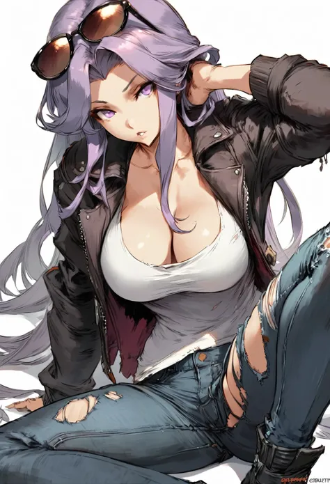 Cutesexyrobutts style, 1girl, breasts, long_hair, pants, jeans, medusa_(rider)_(fate), denim, purple_hair, medusa_(fate), purple_eyes, large_breasts, torn_pants, solo, jacket, cleavage, very_long_hair, eyewear_on_head, torn_clothes, shirt, black_jacket, to...