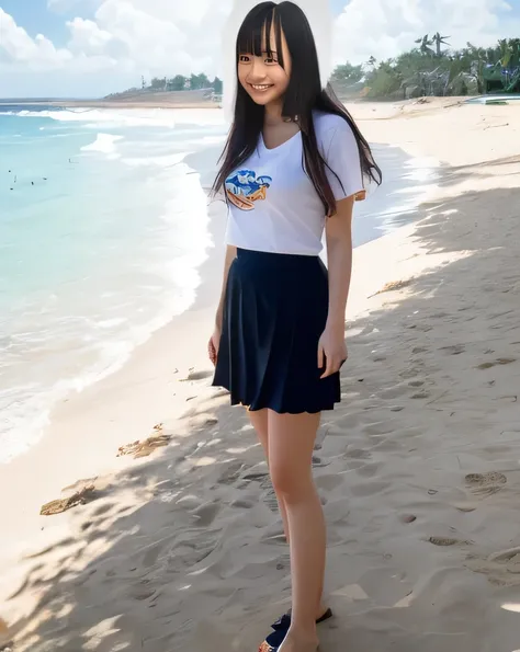 Highest quality,Super detailed,One high school girl,Midsummer beach,Illuminated by strong sunlight,Wearing a T-shirt,Wearing a mini wrap skirt,Turn slightly to the side and look at me,Standing under a large beach umbrella,Casual style,Posing for a photo,I ...