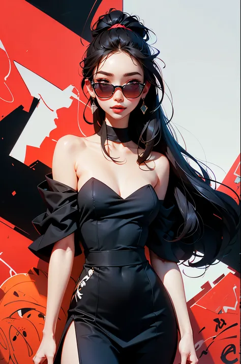 Flat Illustration artwork, ((Angelababy)) in a strapless dress standing in front of simple background, up close, wear dark sunglasses, korean pop-star, big smile, black hair, pretty hands, fringe, simple red background, palm trees, (graffiti wall:1.2), ((A...