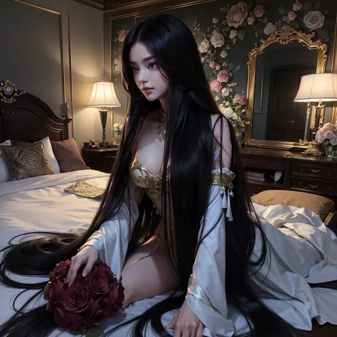 (Best image quality、Highest quality、Highest Resolution、Ultra-realistic photos、Full body photo、masterpiece、16ｋ、）One Girl。Super super long black hair。Hair length is over 10 meters。Underwear or naked。the place is a bedroom。Super super long hair。Lots of long b...