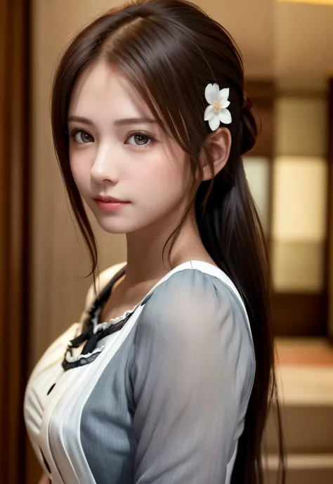 8K, of the highest quality, masutepiece:1.2), (Realistic, Photorealsitic:1.37), of the highest quality, masutepiece, Beautiful young woman, Pensive expression,、A charming、and an inviting expression, Cute Maid Clothes, Hair tied back, Cinematic background, ...