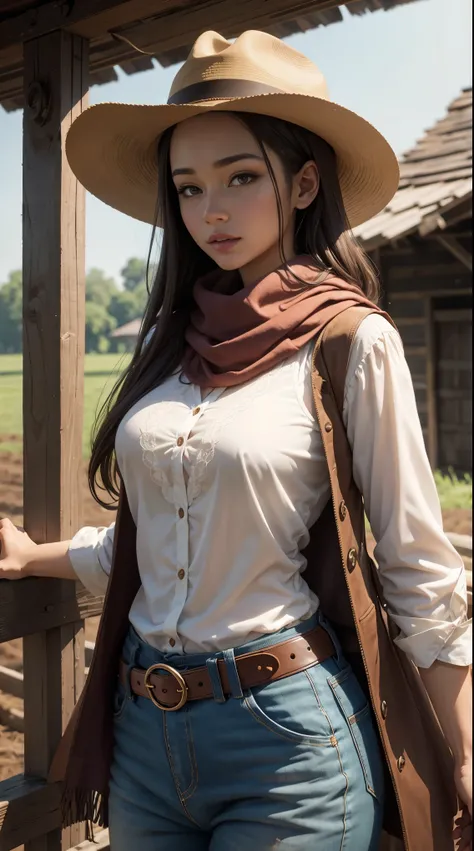 portrait of beautiful women in muddy farm:1.2 , cowboy hat, fringed waistcoat , trousers, scarf , confidence , medium breast,