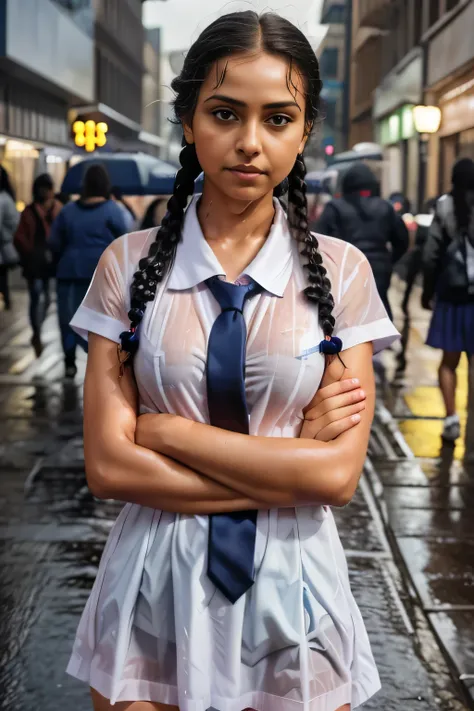 school girl outside in white forck and color tie , caught in a downpout, raining, drenched, soaked, wet clothes, dishevelled,oil...