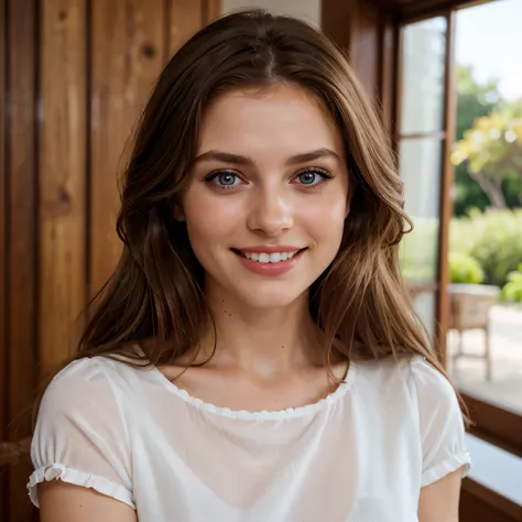 (highest quality,High resolution,In 8K), brown haired woman, young french woman,larger breasts、Stylish royal golden dress ,bright colors, porcelain skin, Big eyes, Cute smile showing white teeth, charming charm, At a open island (maldeev) soft lighting, ex...