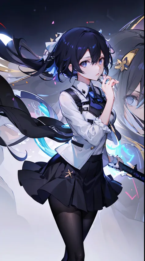 1 girl! Ray Tracing, Best shadow, high resolution (Dim Lights) Detailed background (company) ,Long black hair, Busty girl, high ponytail in the ominous 客厅 avoiding golden eyes (girl in white shirt, jkShort skirt, With black transparent pantyhose), Show you...