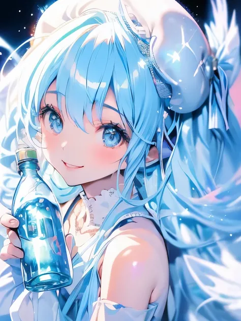 masterpiece、hatsune miku、light blue hair、long hair、(((blue ribbon)))、((white beret))、white and blue dress、sparkling eyes、smile、(...