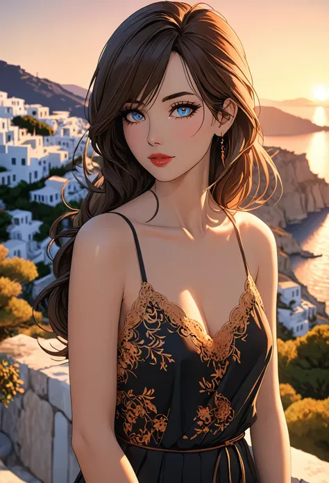 (Mature lady, portrait:1.2), (Japanese cartoon), (Greece:1.3), sunset, (photography), Greece海島的海濱別墅, Long straight brown hair, Long bangs cover the eyes, Long eyelashes, [[Small Eyes]], (Lipstick), [Dark eyeshadow], A faint smile, slim, Slender limbs, Bare...