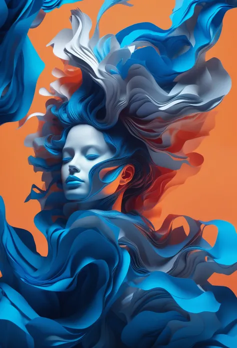 Surreal pictures, visually striking photo art, strange, slightly unsettling, hyper-detailed, 8k, A stunning digital illustration of a person with an elaborate, sculptural hairstyle composed of flowing, layered paper-like elements in shades of blue and gray...