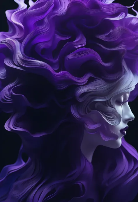 Surreal pictures, visually striking photo art, strange, slightly unsettling, hyper-detailed, 8k, A stunning digital illustration of a person with an elaborate, sculptural hairstyle composed of flowing, layered paper-like elements in shades of Purple and si...
