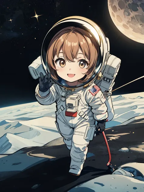 masterpiece, best quality, super detailed, solo, cute chibi astronaut girl, wearing spacesuits and space helmet and gloves, ((wa...