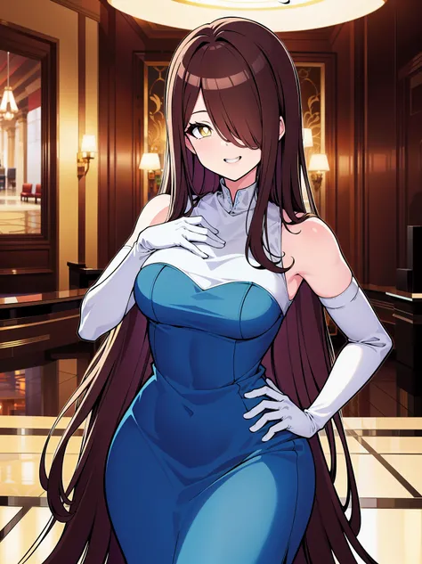 (cowboy shot), (ultra-high resolution, depth of field:1.2), 1woman, mature, brunette hair, long straight hair, yellow eyes, hair over one eye, medium breasts, (wide hips), night dress, (blue dress), elbow gloves, white gloves, fancy lobby, indoors, bare sh...