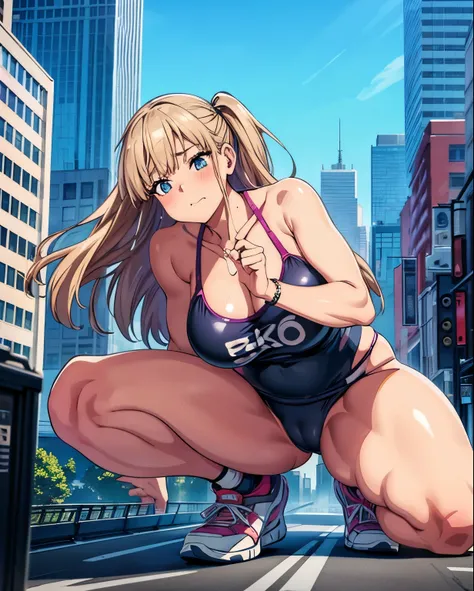 realistic　　90s　giant girl on the road of the big city girl in bikini swimsuit female giant
giant girl
Whole body sneakers　
Destroyed skyscrapers Destroyed cars Crowd Unreal Engine, ,anmnr,giantess,giant girl,Big city, valley between buildings, h