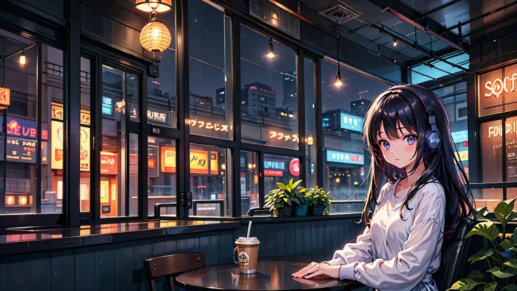 20-year-old female, 90s anime style, rain, coffee shop,, woman wearing headphones, late night cafe,listening to music alone, cit...