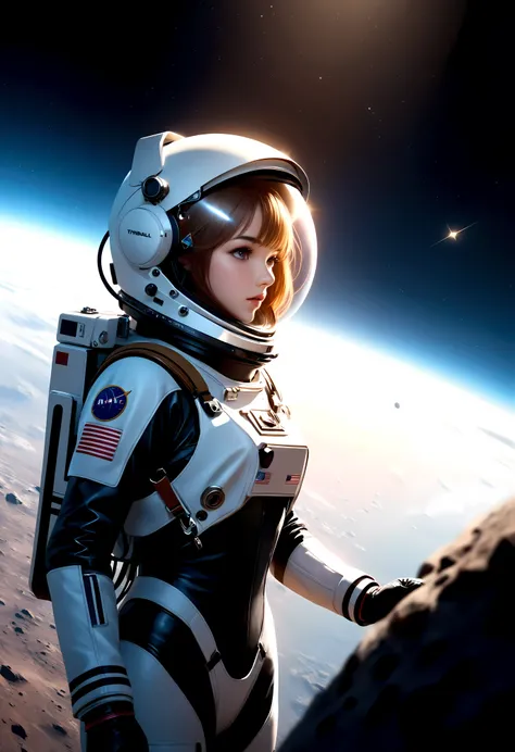 ((Masterpiece in maximum 16K resolution):1.6),((soft_color_photograpy:)1.5), ((Ultra-Detailed):1.4),((Movie-like still images and dynamic angles):1.3), ((motion blur):1.1) | (Cinematic view photo of a speeding astronaut rover), ((Female astronaut ):1.1), (...