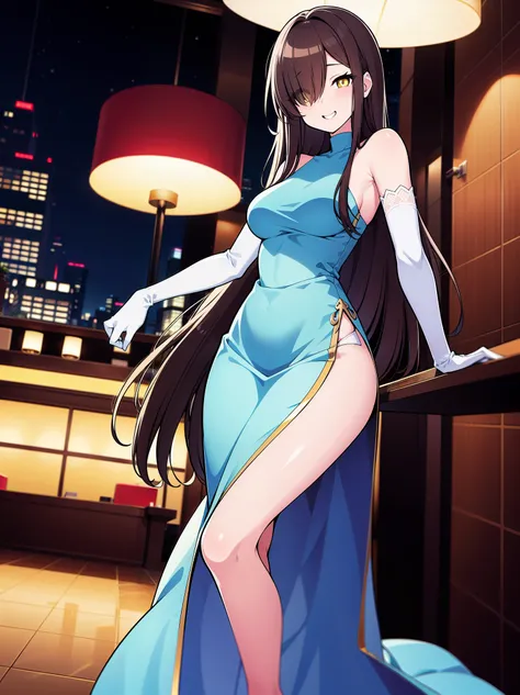 (cowboy shot), (ultra-high resolution, depth of field:1.2), 1woman, mature, brunette hair, long straight hair, yellow eyes, hair over one eye, medium breasts, (wide hips), night dress, (blue dress), elbow gloves, white gloves, fancy lobby, indoors, bare sh...