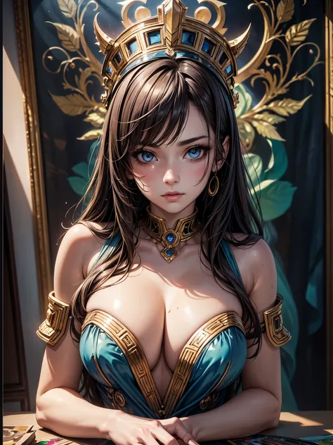 Photorealistic beautiful woman portrait、bustshot、Rough sketch、messy brown hair、Shine a light in front of your face、hyper detailed painting、Complex ancient Greek clothing、High-resolution concept art、Influence of Alphonse Mucha、3d rendered、octan render、 comp...