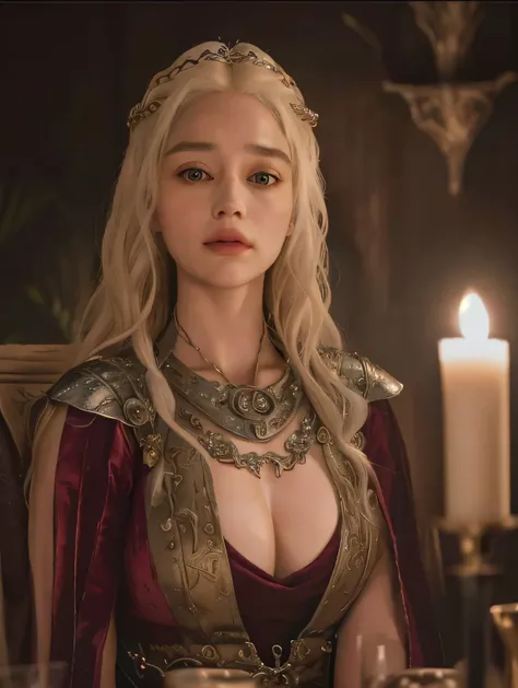 a close-up of a dressed woman sitting at a table with candles, Daenerys, Daenerys Targaryen, Portrait of Emily Blunt as Queen, princess vulvina oil painting, Game of Throne Art, queen of dragons, estilo de juego of thrones, estilo juego of thrones, portrai...