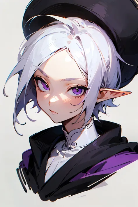 a young albino elf with purple eyes,  very atractive, anime drawing style
