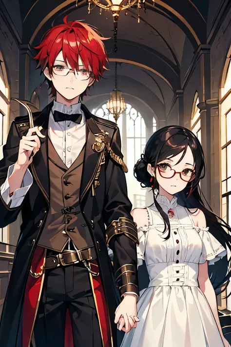 (masterpiece), best quality, expressive eyes, perfect face, girl, she is black hair, she is long hair, hair tied back, gray eyes, glasses, boy is short hair, boy ,boy is red hair, couple, steampunk, jewelry, white dress, with in the castle, boy is no glass...