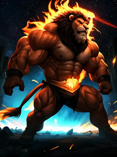 (best quality,4k,8k,highres,masterpiece:1.2),ultra-detailed,realistic:1.37,solo,1boy,Huge Muscular Old man( furry lion),angry,VFX light particles, pectoral,huge pectoral,wide pectoral,short white hair,bearded,dark background,intense expression,dynamic pose...