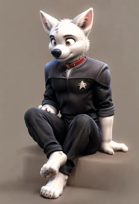 (((Barefoot furry character, full body, cinematic setting, furry male, plantigrade)))
(((Bolt))) (anthro dog with white fur, very cute and young looking face, big black snout), exudes confidence and authority as he sits in the captains chair, and his Sta...