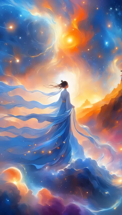 A beautiful woman standing on a cliff looking up at the starry sky, （Beautiful silhouette），Surrounded by a vortex of cosmic energy，Shrouded in a dreamy mist。Figure in flowing robe.，elegant，Light，Become one with the flow of heaven and earth。The sky is a tap...