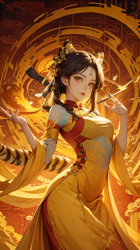 Masterpiece, Top Quality, Best Quality, (Beauty and Aesthetics: 1.3), Extreme Detail, (Fractal Art: 1.3), Extreme Detail, (Fractal Art: 1.3), Colorful, Forest, Cartoon Big Tiger, Chinese Style, Yellow and 1 Girl, Cheongsam Girl Media, Cheongsam, Yellow, De...