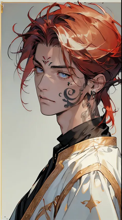 (((8K, RAW photos, Best quality, tmasterpiece: 1.4))), Ultra-high resolution, ultra - detailed, lamplight, Close-up cleavage, Handsome men, gold eyes, (Detailed eyes, The eyes are bright:1.2), Medium long red hair:1.2, pale-skinned, ear piercings, dark, Bl...