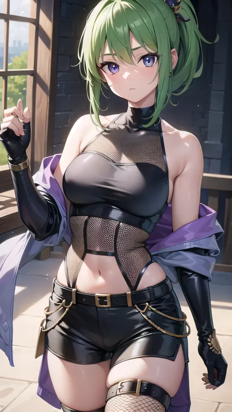 shinobukuki, shinobu kuki, green hair, hair between eyes, ponytail, short hair, (purple eyes:1.1),
BREAK armor, bare shoulders, black gloves, cropped jacket, fishnet top, fishnets, gloves, gold trim, hair ornament, jacket, leg armor, midriff, off shoulder,...