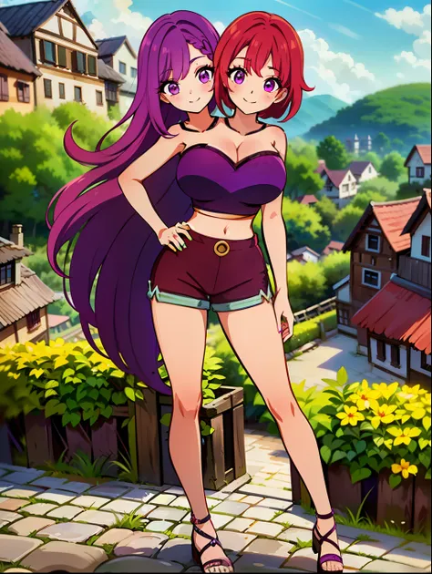 best quality, (masterpiece),(ultra-detailed), (high quality), (high resolution), ((2heads:1.5)), best quality:1.5, highres, UHD, 16K), ((two headed woman)), smiling, highres, masterpiece, ((red hair)), ((purple hair)), ((different hair colors:1.5)), cleava...