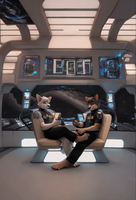 (((Barefoot furry character, full body, cinematic setting, furry male, plantigrade)))
(((Bolt))) (anthro dog with white fur, very cute and young looking face, big black snout), exudes confidence and authority as he sits in the captains chair, and his Sta...